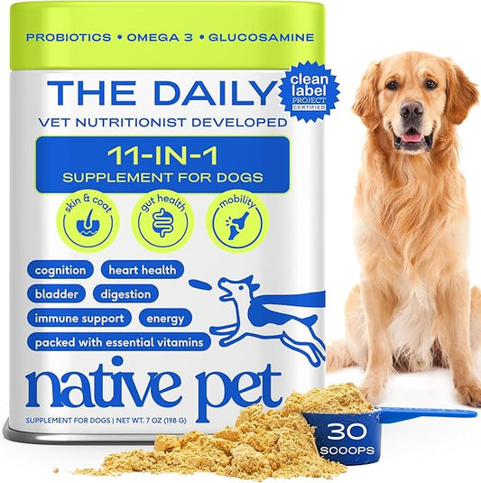 Native Pet Dog Vitamins & Supplements - 11-in-1 Vitamin Powder for Dog Food Topper - Collagen, Glucosamine, Probiotics, Omega & More- Supports Healthy Gut, Mobility & Overall Health - 30 Scoops